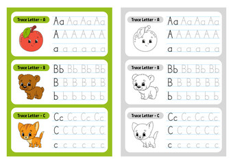 Wall Mural - Writing letters. Tracing page. Practice sheet. Worksheet for kids. Exercise for preschools. Learn alphabet. Cute characters. Vector illustration. Cartoon style.