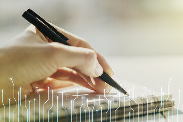 Aufkleber - Creative concept of microscheme illustration and woman hand writing in notebook on background. Big data and database concept. Multiexposure