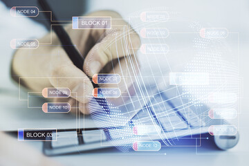 Poster - Double exposure of abstract creative programming illustration with world map and hand writing in notepad on background with laptop, big data and blockchain concept