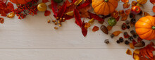 White Wood Surface With Fall Themed Border.