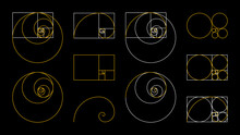 Golden Ratio Fibonacci Set. A Spiral For Harmony, Composition, Logos And Designs. Correct Proportions.