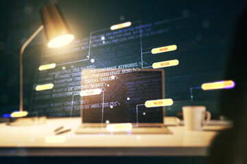 Poster - Abstract creative coding illustration on modern computer background, software development concept. Multiexposure