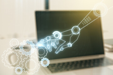 Poster - Creative abstract robotics technology sketch on modern laptop background, future technology and AI concept. Double exposure