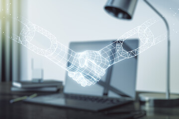 Poster - Creative concept of blockchain technology with handshake on modern laptop background. digital money transfers and decentralization concept. Multiexposure