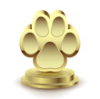Golden trophy winner dog paw on white