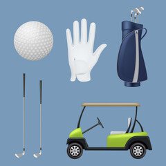 Poster - golf realistic. sport professional equipment for golf club balls bag car stick decent vector illustr