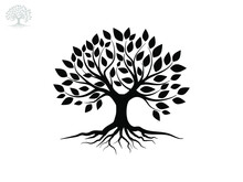 Black Trees And Root With Leaves Look Beautiful And Refreshing. Tree And Roots LOGO Style.