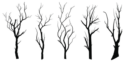 collection black branch tree or naked trees silhouettes. hand drawn isolated illustrations.