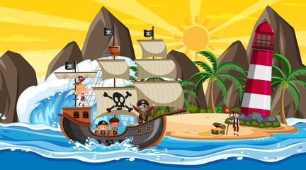 Wall Mural - Ocean with Pirate ship at sunset scene in cartoon style