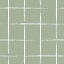 Geometric Grid Lattice Pattern, Hand Drawn Style Brush Stroke Stripes. Classic Design. Simple Plaid Pattern. Neutral Earthy Tones. Sage Light Green Color With White Lines. Seamless Pattern Vector.