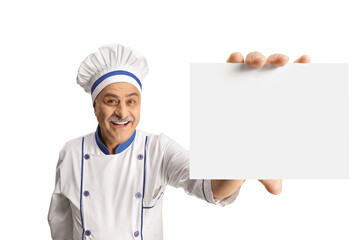 Sticker - Cheerful mature male chef showing a blank card