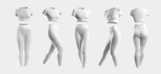 Wall Mural - White compression suit mockup, crop top, t-shirt, leggings, 3D rendering, front, back view, isolated on background.
