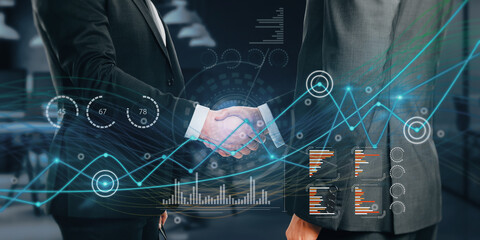 Poster - Close up of businessmen shaking hands with creative glowing business graph on blurry background. Innovation, teamwork, information and statistics concept. Double exposure.