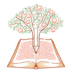 Tree with apples combined with pencil over open vintage book education or science knowledge concept, educational or scientific literature library vector logo or emblem.