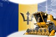Agriculture innovation concept, yellow advanced farm combine harvester on Barbados flag - digital industrial 3D illustration