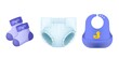 Realistic baby items. Kids clothes, hygiene products and items for feeding. Little purple socks, diapers and baby plasic apron. Newborn care goods, toddler bright vector 3d isolated set