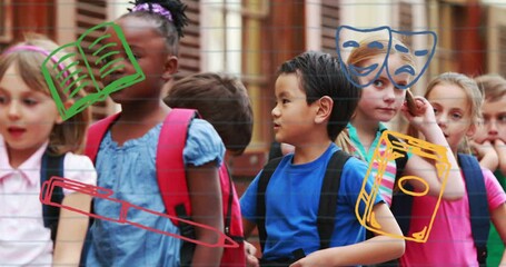 Poster - animation of school icons over school children at school
