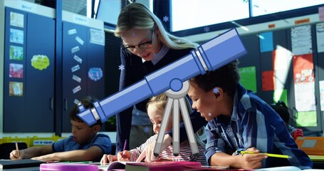 Poster - Animation of school telescope and icon over female teacher and school children at school