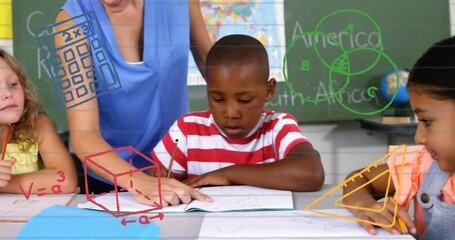 Wall Mural - Animation of school icons over female teacher and school children at school