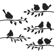 Birds Branches Silhouettes. Bird Set On Leaves Branch Silhouette Ornament, Starling Jay Sparrow Titmouse Sitting On Branched Tree Communicating Concept Vector Illustration