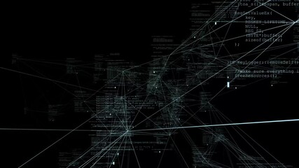 Poster - White digital blocks connected by thin lines on the black screen of the monitor move continuously. Blockchain statistics.