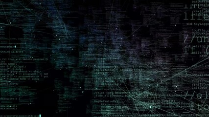 Poster - From the depths of the black screen, abstract program codes, divided into blocks, are constantly advancing. Blockchain parameters data service.