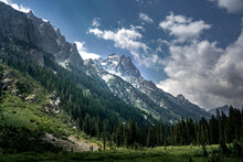 Scenic View Of Rocky Mountains And Pine Trees At The Cascade Canyon, Grand Teton National Park