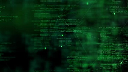 Poster - Blocks of abstract code in green color continuously appear on a black monitor, sending signals to each other in thin lines. Blockchain. Bokeh effect.
