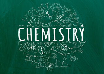 Wall Mural - Chemical formulas written on chalkboard background