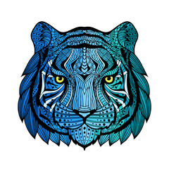 Wall Mural - Patterned tiger head blue with a black and white stroke. Abstract ethnic picture tiger head with tribal ethnic ornament. The ornament is painted by hand. Doodle outline illustration. 