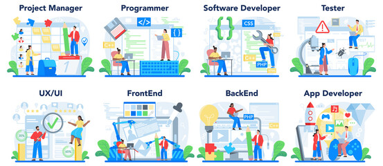 Web development concept set. Programming, coding and presenting