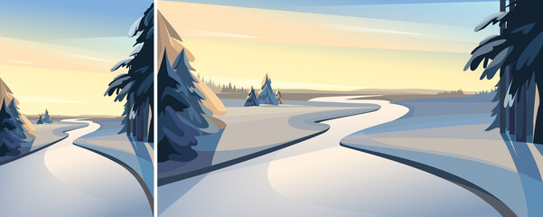 Wall Mural - Frozen river at sunset. Winter scenery in different formats.