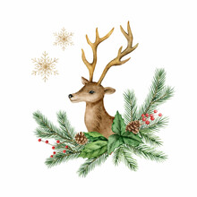 Christmas Vector Watercolor Wreath With A Deer And Fir Branches.