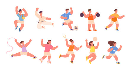 Sticker - Children workout. Kid sport, wellness and physical health. Child fitness athlete. Isolated cartoon kids wear athletic suits and doing exercises utter vector set