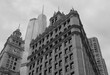 Low angle shot, grayscale of Wrigley Building in daylight in Chicago, USA