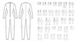 Set of jumpsuits overall technical fashion illustration with mini midi knee ankle length, long sleeves, straps, strapless, pockets. Flat front, back, white color style. Women, men unisex CAD mockup