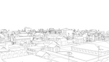 Outline Of A Quarter Of A Small Town From Black Lines Isolated On A White Background. Vector Illustration