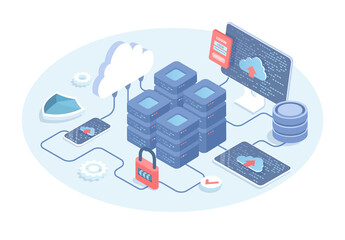 Wall Mural - Big data processing center. Cloud database. System network administration. Vector illustration in 3d design. Isometric web banner.