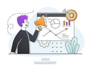 Poster - Data driven marketing concept. Man analyzes and manages data. Character with megaphone promotes and advertises company. Attracting new customers to achieve success. Cartoon flat vector illustration