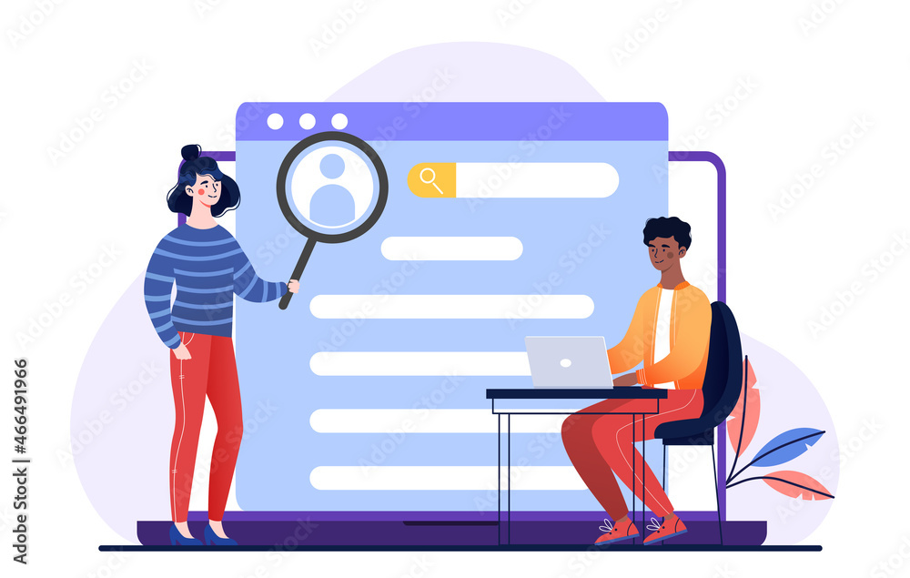 User Insight Cartoon User research concept. Man with laptop and woman with magnifying glass ...