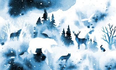 Watercolor winter foggy vector landscape with animals. Forest, snow, deer, wolf, fox, owl, hare and bear. Illustration for poster, postcard, banner, print