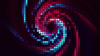 Poster - Abstract spiral radial shape on a pixelated background, seamless loop. Motion. Bright rotating wind flow.