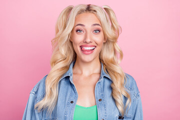 Canvas Print - Photo of young cheerful girl happy positive smile lick teeth dream delicious flirty isolated over pink color background