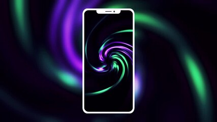Poster - Beautiful purple and green rotating spiral pattern and a silhouette of a modern smartphone. Motion. Presentation of a new phone design.