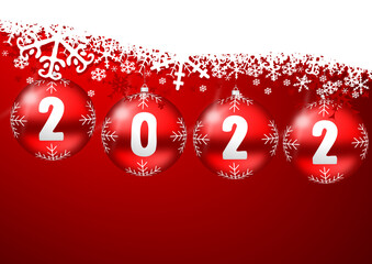 Wall Mural - New year 2022 design, greeting card with christmas red baubles and white snowflakes, xmas background, winter illustration with empty copy space for your text