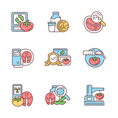 Wall Mural - Food analysis RGB color icons set. Biological and chemical danger detection. Varied examination methods. Isolated vector illustrations. Simple filled line drawings collection. Editable stroke