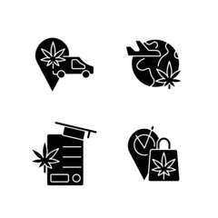 Sticker - Worldwide cannabis industry black glyph icons set on white space. Marijuana transportation. Travel industry. Pharmaceutical science. Cannabis store. Silhouette symbols. Vector isolated illustration