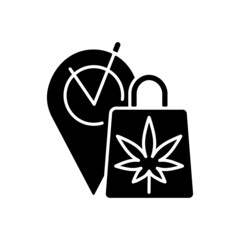 Wall Mural - Marijuana dispensary black glyph icon. Recreational cannabis retail store. Buying marijuana products legally. Online order and purchase. Silhouette symbol on white space. Vector isolated illustration
