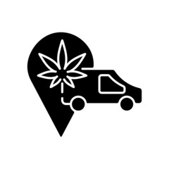 Sticker - Cannabis transportation black glyph icon. Medical marijuana distribution. Cannabis spread legalization. Shipping hemp-derived goods. Silhouette symbol on white space. Vector isolated illustration