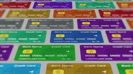 Poster - top view of a grid of colorful credit cards (3d render)